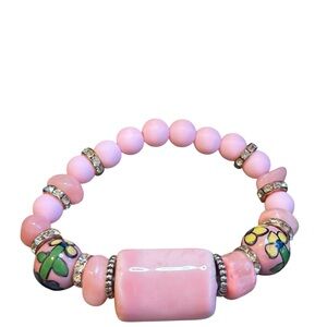 Pink Beaded Bracelet with Floral Accents- Color Pop Collection